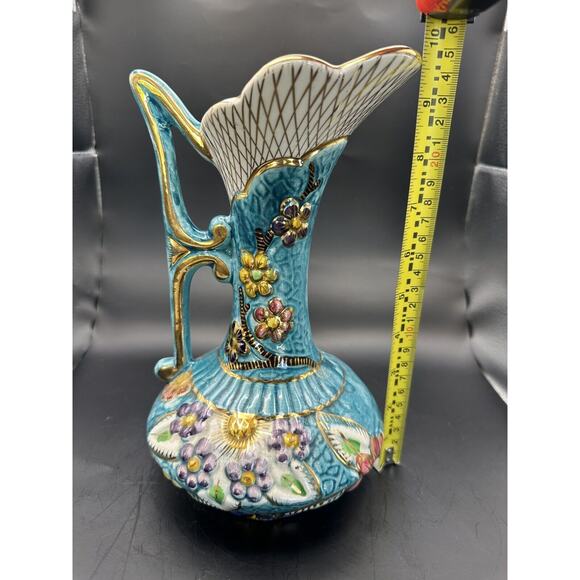 H Bequet Quaregnon Hand Painted Blue Gold Trim Pitcher Vase Belgium Anemone - Picture 9 of 10